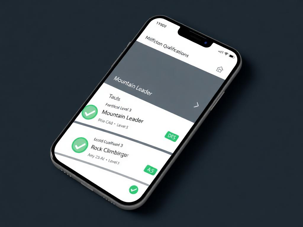 Mobile app showing verified outdoor instructor qualifications with green checkmarks